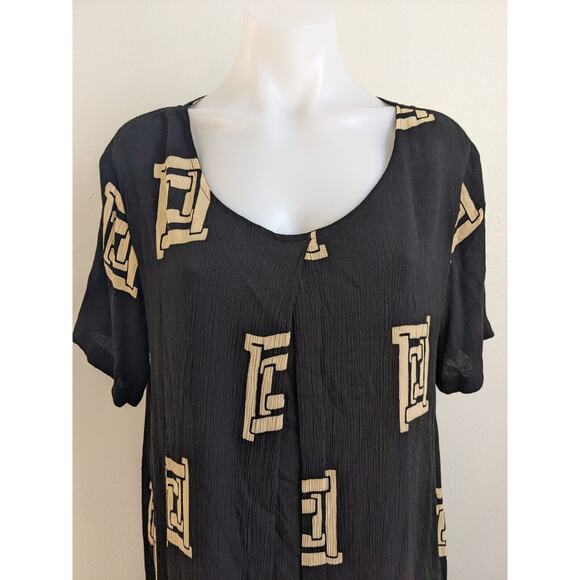 Vintage Krisa Medium Overlay Maxi Dress Black Tan Windowpane Short Sleeves Boho - Picture 5 of 15